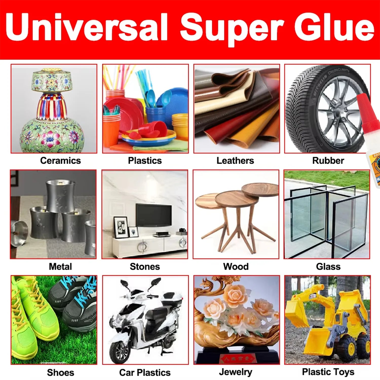 LOOLIFL Multi Purpose Super Glue Strong Fast Drying Adhesive Cyanoacrylate for Metal Plastic Glass DIY Bonding Liquid Glue Tool