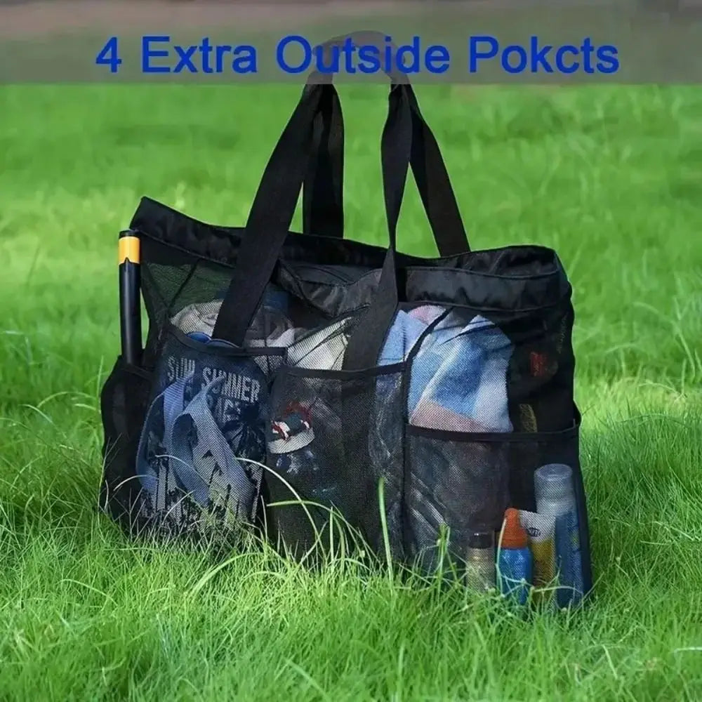 Large-Capacity Mesh Beach Handbag Drawstring Lightweight Travel Wash Tote Bag with Handle Quick Dry Portable Bath Storage Bag