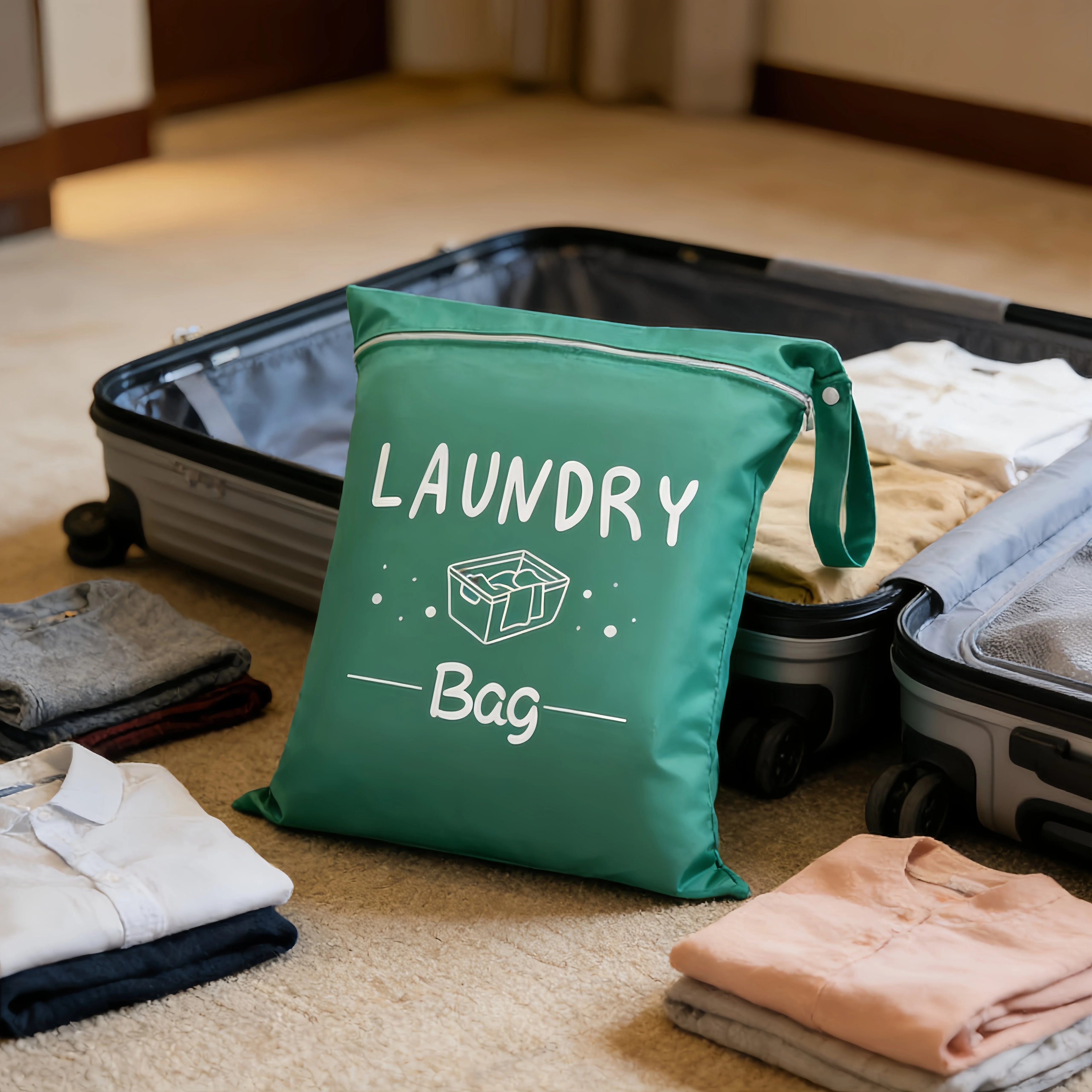 Large capacity 38*48cm travel laundry bag, with double handles for portability and stain resistance, adjustable handle zipper, w