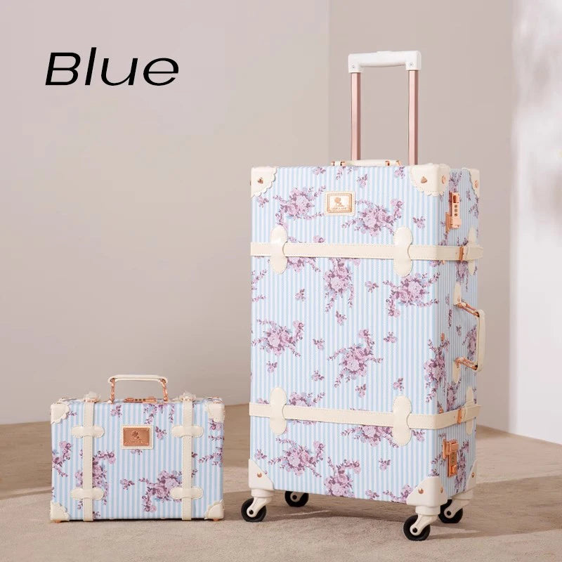 New Vintage Travel Suitcase Women Set Handbag Boarding Trolley Luggage Universal Wheel Fresh Floral Fashion Bag 20/22/24/26 Inch