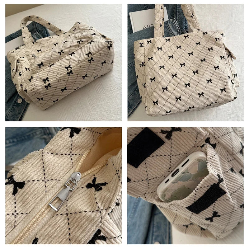 Large Capacity Corduroy Casual Tote Bags For Ladies, Casual Bow Pattern Commuting Handbags Women's For Shopping