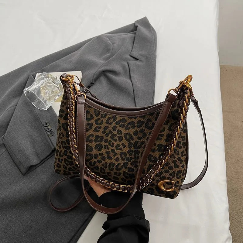 Y2K leopard print shoulder bag for women, 2026 new model, high-end style, underarm bag with adjustable chain strap,crossbody bag