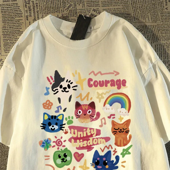 Summer Japanese Cute Child-fun Cat Printed Short-sleeved T-shirt for Ladies and Boys Same Loose Casual Large-size Top