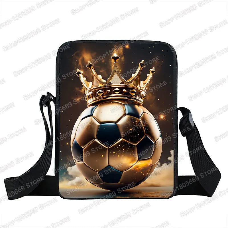 Cool Golden Soccer with Crown Print Crossbody Bags Hot Blood Football Sport Handbags Teenagers Boys Girls Phone Holder Bookbag