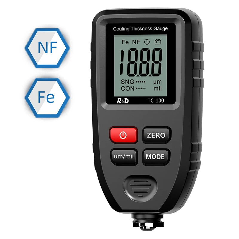 R&D TC100 Car Paint Film Thickness Tester 0.1 Micron Precision Measurement 0-1300 Scale FE/NFE Coating Thickness Gauge