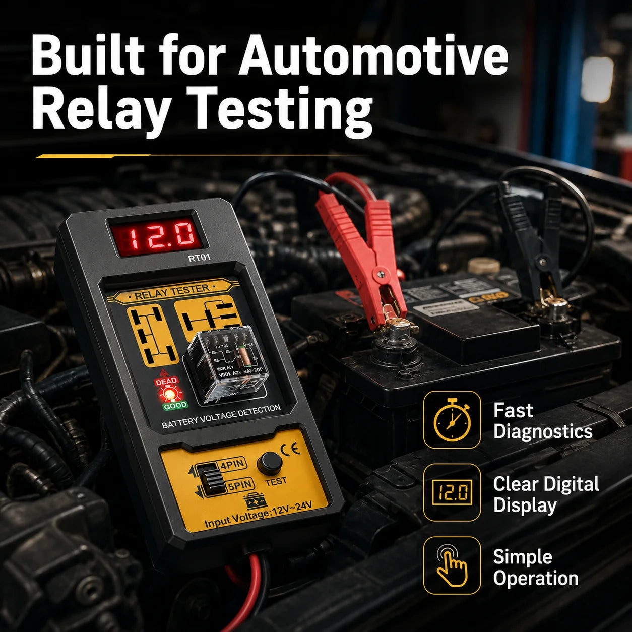 RT01 Car Relay Tester with Battery Clamps, 12V Universal 4/5 Pin Relay Test Tool, Heavy-Duty Automotive Electrical Diagnostic Eq