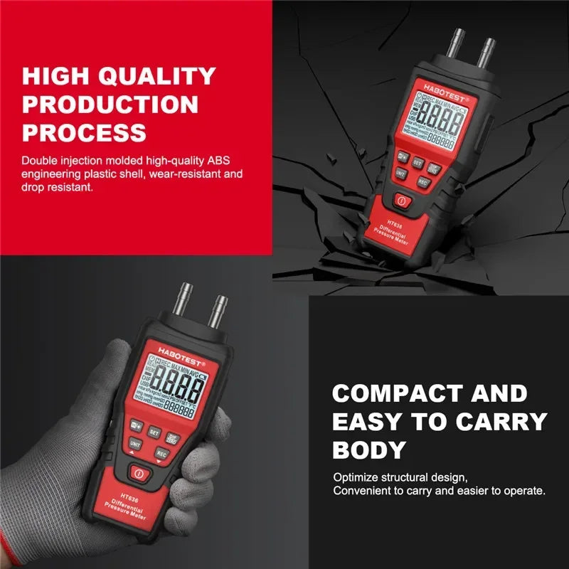 HT636 Digital Manometer Pressure Gauge Meter Handheld Pressure Differential Detector Air Pressure Kit Detector Meter 12 Unit