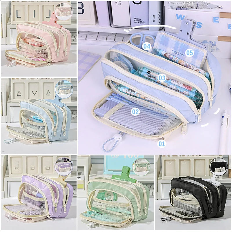 INS Pencil Case Large Capacity Pen Bag Cute Stationery Case Makeup Pouch Back to School Pink Pencil Case with Mesh Pocket 필통