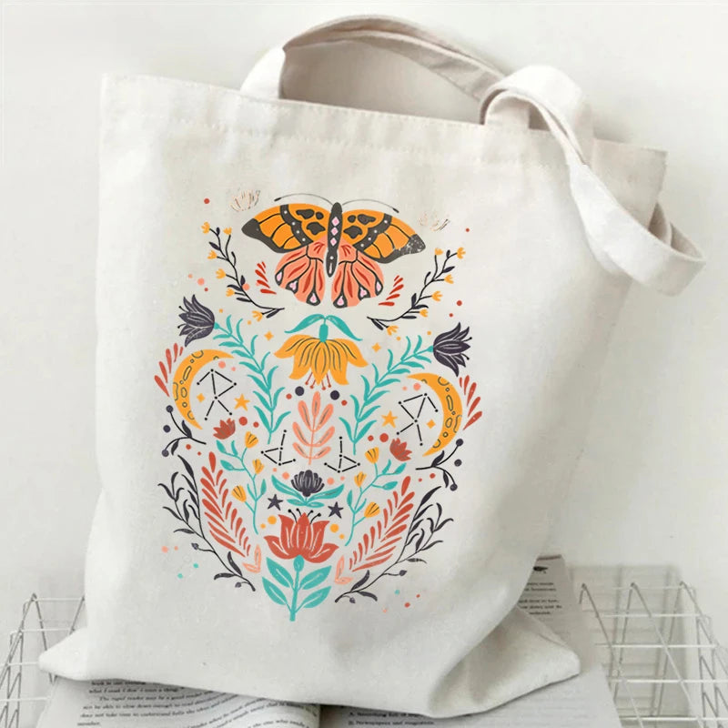 Flower Butterfly Design Canvas Shopping Bag Hot Selling Fashion Reusable Women Tote Bags Butterfly Lover Folding Shopping Bags