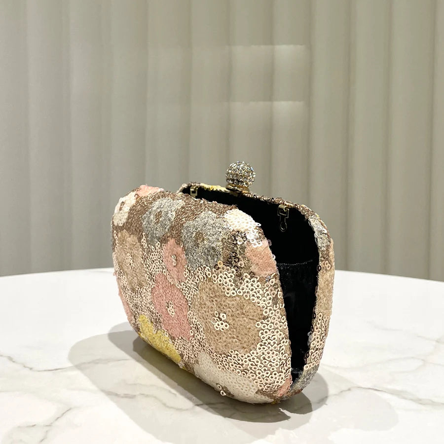 New Handbag Women's Sequin Flower Hand-Held Cross-Body Clutch Purse Cheongsam Chains Small Box Bag Gold Bag Evening Bag Bolsa