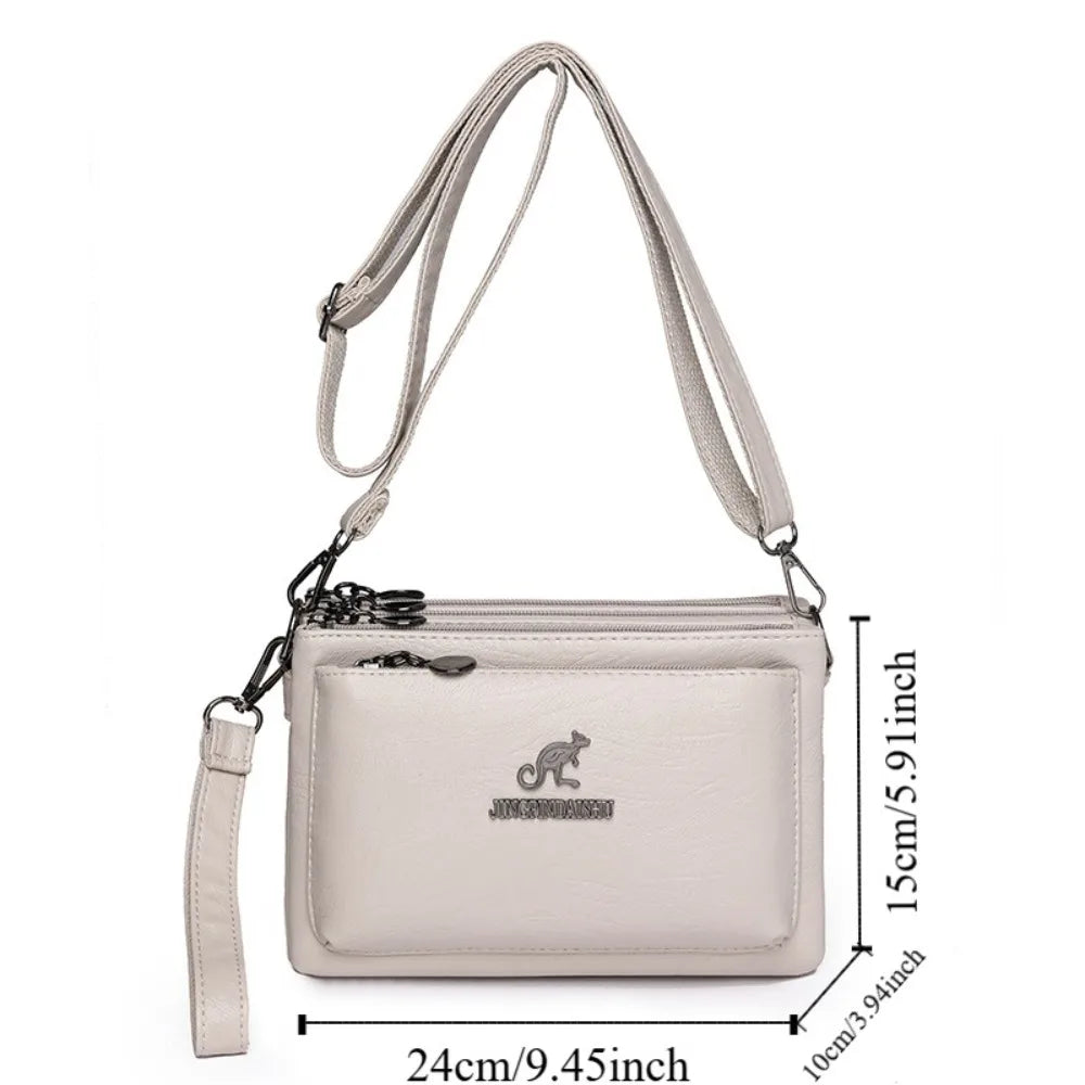 Soft Multiple Zip Pockets Shoulder Bag Waterproof Large Capacity PU Leather Crossbody Bag Simple Solid Color Square Phone Bag