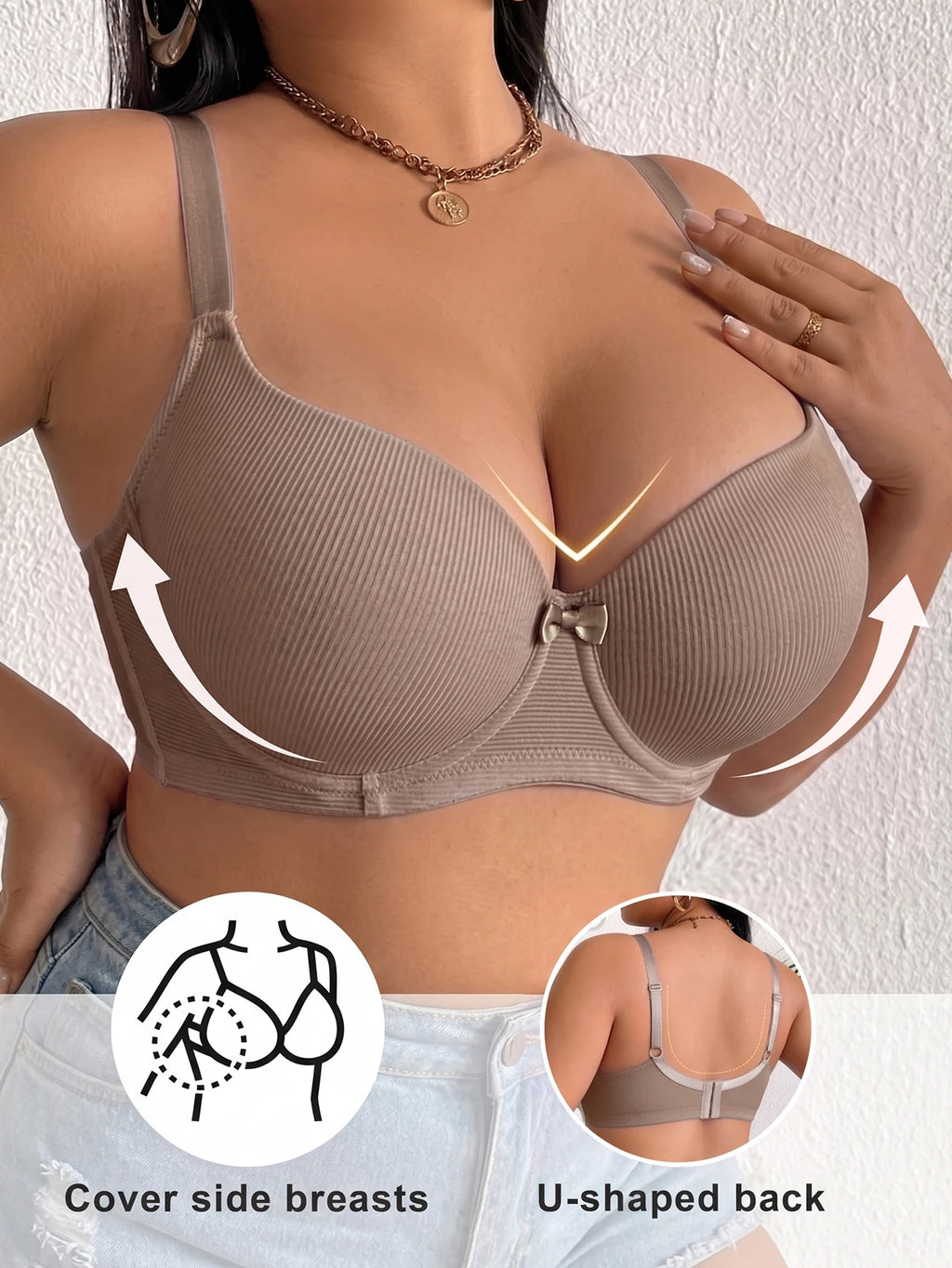 Full Coverage Women Plus Size Bra Ribbed Underwire Push Up Bra Thin Cup Minimizer Solid Basic Skin-Friendly Comfortable Bra