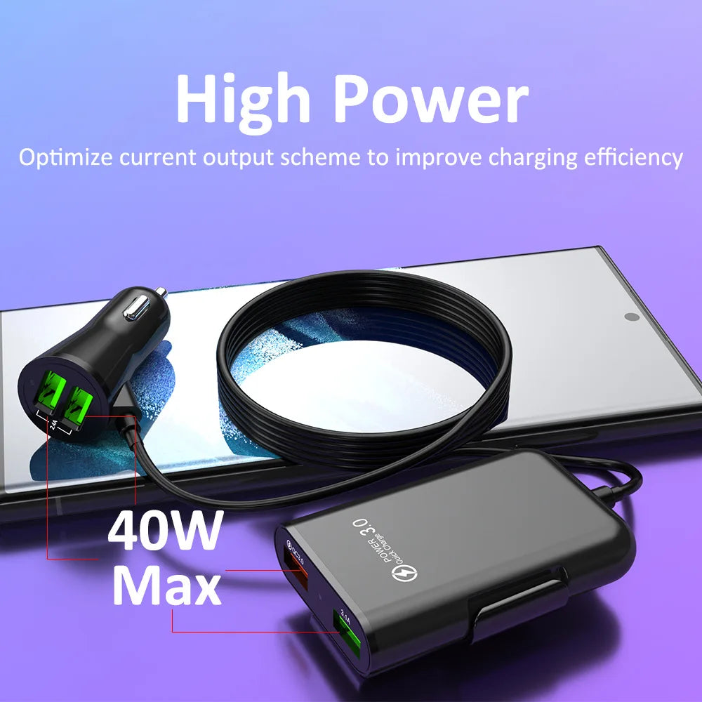 Universal 4-Port Fast Car Charger 8A 40W USB Adapter with Extension Back Seat Hub and Clip For iPhone 17 16 Pro Max For Samsung