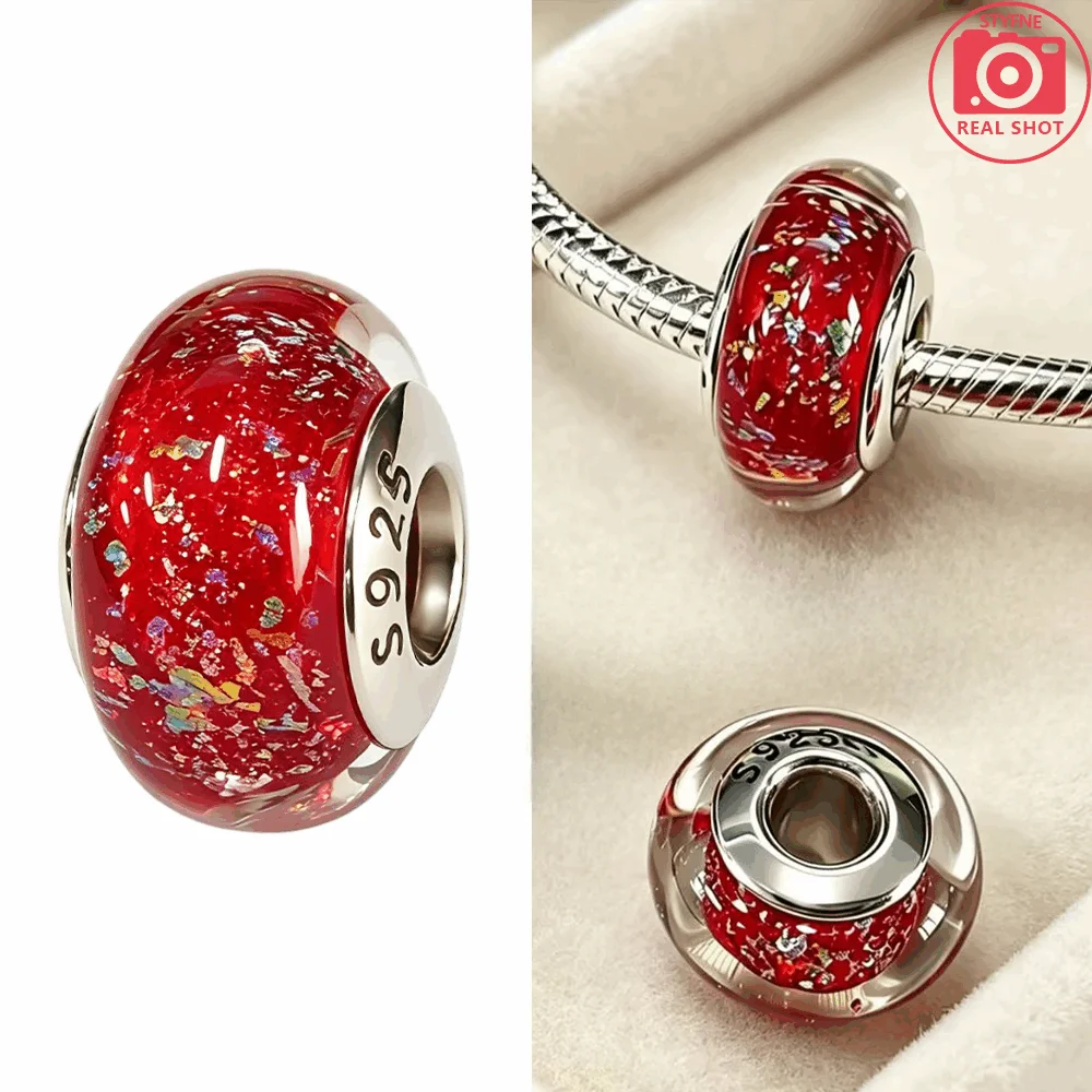Silver-Plated Red White Stripe Glass Charms Beads Fit Original Bracelet Bag Keychain Charms Beads Pendant Diy Women Jewelry Gift
