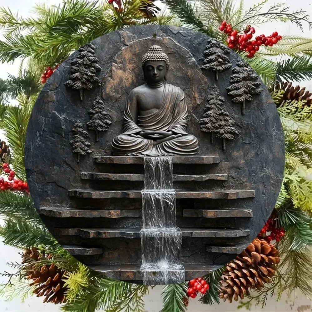 Vintage Metal Buddha Meditation Wall Art | Serene Monk & Waterfall Design | Outdoor Yard & Garden Zen Decor