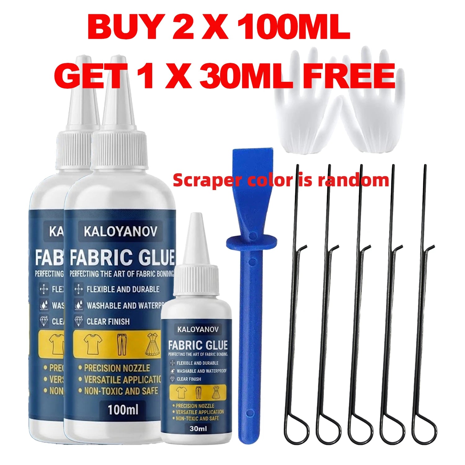 100ml Fabric Glue Set Washable Waterproof Permanent Clear Adhesive with Scraper Clips Gloves for Clothes Denim DIY Repair No Sew