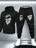 Men’s Motivational Slogan Two-Piece Tracksuit Fist Graphic Never Give Up Print Hooded Sweatshirt Jogger Pants Set Outfit