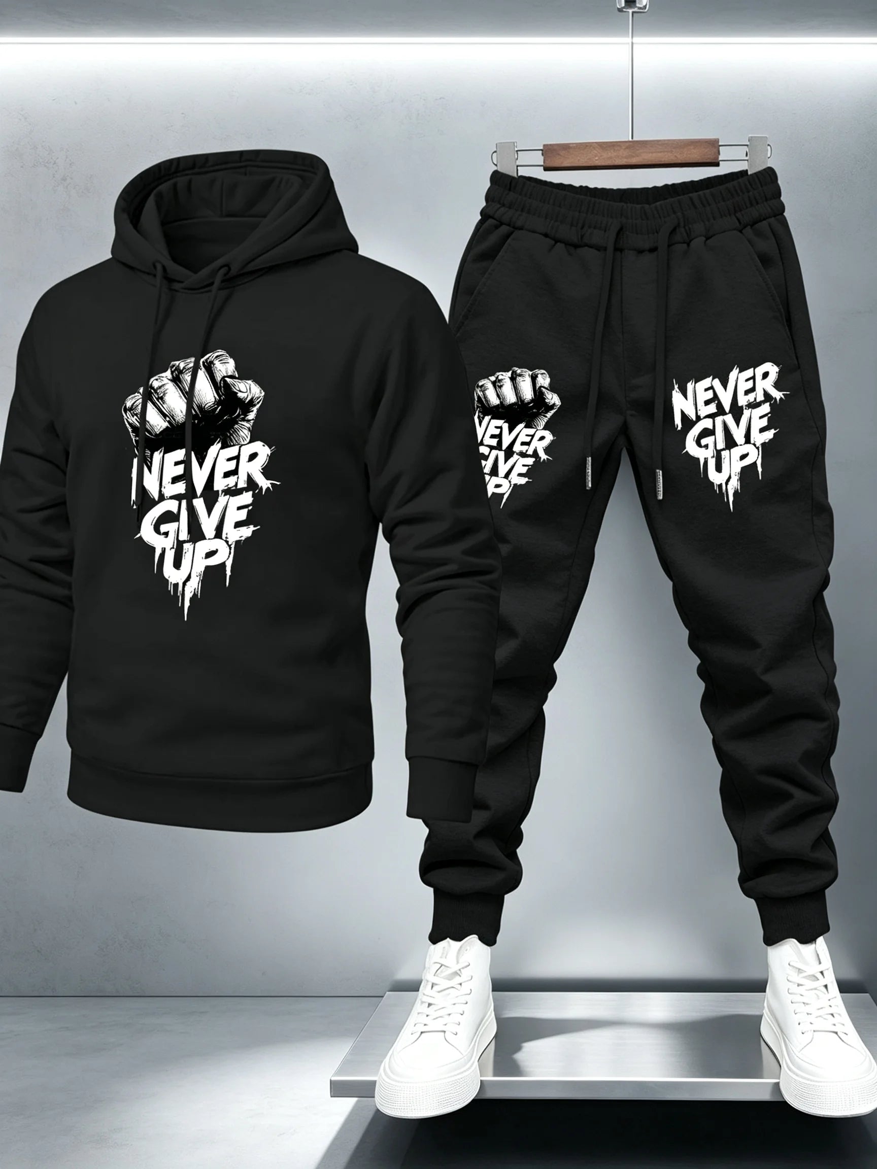 Men’s Motivational Slogan Two-Piece Tracksuit Fist Graphic Never Give Up Print Hooded Sweatshirt Jogger Pants Set Outfit