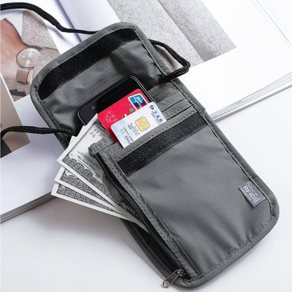 Custom Name RFID Blocking Neck Pouch Passport Bag Anti Radiation Nylon Travel Neck Wallet Portable Crossbody ID Card Holder
