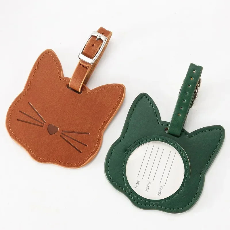 Cute Cat PU Leather Luggage Tag Suitcase Luggage Label Baggage Boarding Bag Portable Name ID Address Holder Travel Accessories