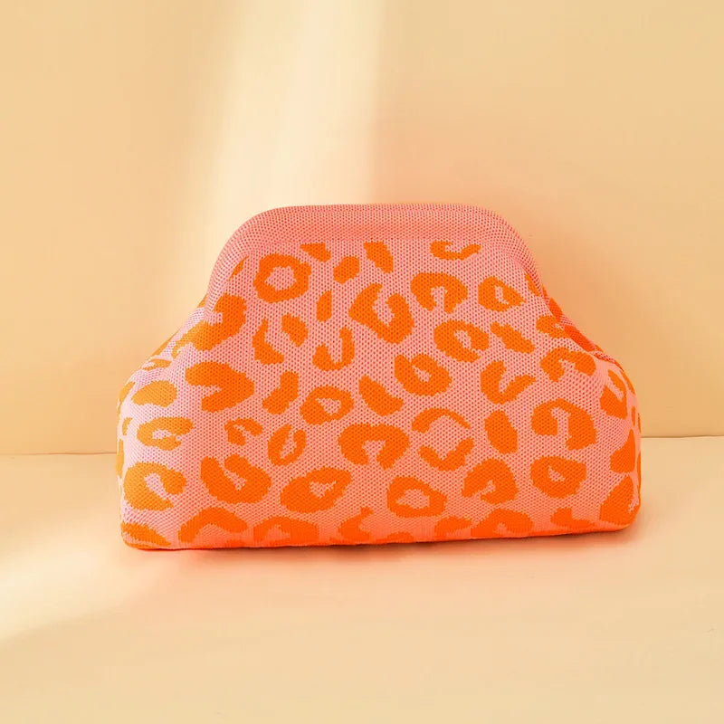 Leopard Print Knitted Clutch Bag Large Capacity Foldable Cloud Ruched Block Grid Clip Bag for Women Beach Crossbody Handbag