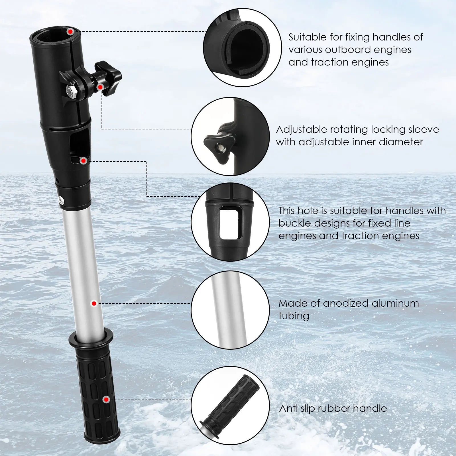 Outboard Motor Tiller Extension Handle Marine Boat Steering Rod Adjustable Aluminium Locking Grip for Electric Thruster