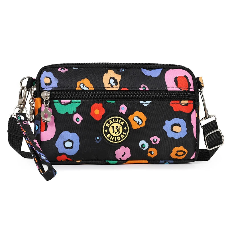 Lightweight Utility Crossbody Bag Durable Nylon Canvas Floral Print Multi Compartment Secure Zipper Women Travel Handbag