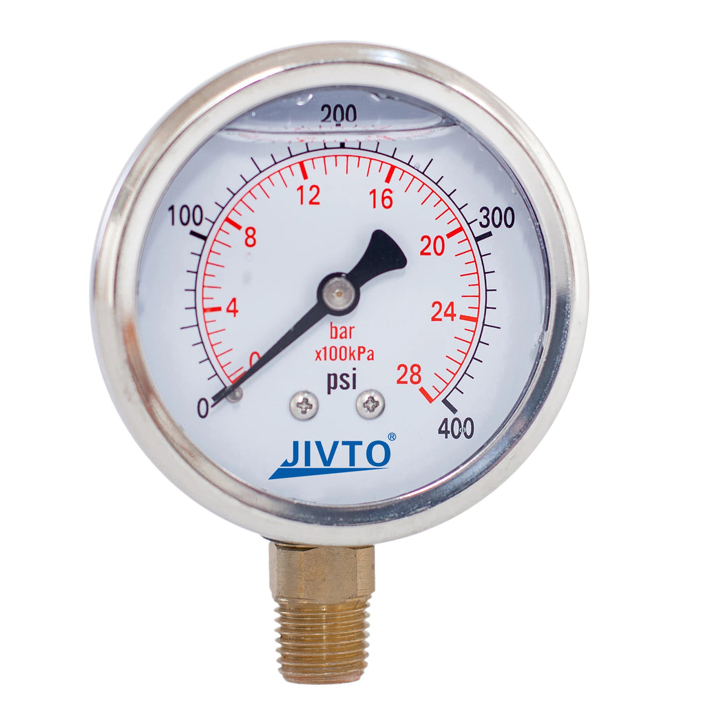 JIVTO Glycerine Filled Pressure Gauge 2.5 Inch 1/4 BSP Lower Mount 15,30,60, 100,160,200,300,400,600,3000 Psi & Bar, Shockproof