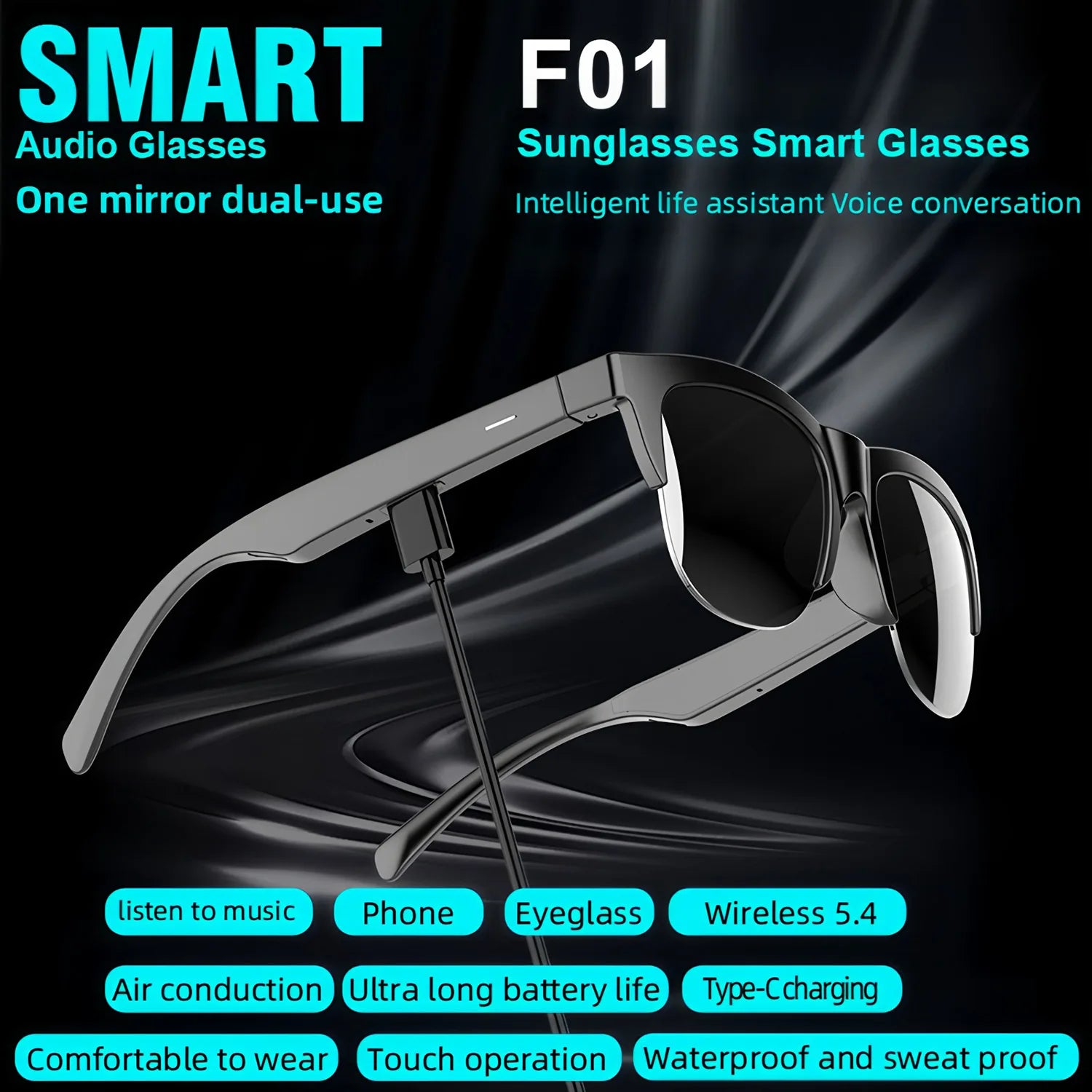 Smart Bluetooth V5.4 Sunglasses Glasses Call Outdoor Sports Headphones HIFI Black Technology Anti-touch UV For Men And Women