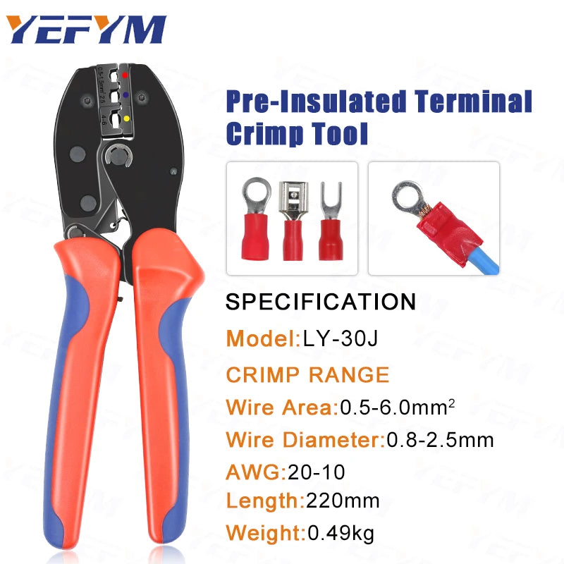 RV/SV/FDD/MDD Insulated  Terminals & Connectors Crimping Tools LY-30J 22-10 AWG/0.5-6mm² Ratchet Electrical YEFYM Pliers