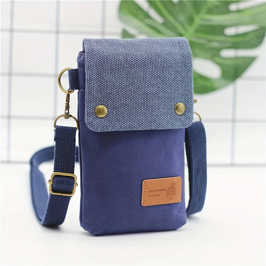 New solid-color canvas 3-layer cross-body phone bag - simple fabric women's bag with a trendy style