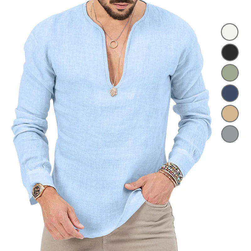 2026 Henry Linen Long Sleeve T-Shirt Men's Slim Fit Solid Color European and American Large Size Deep V-Neck Top Men
