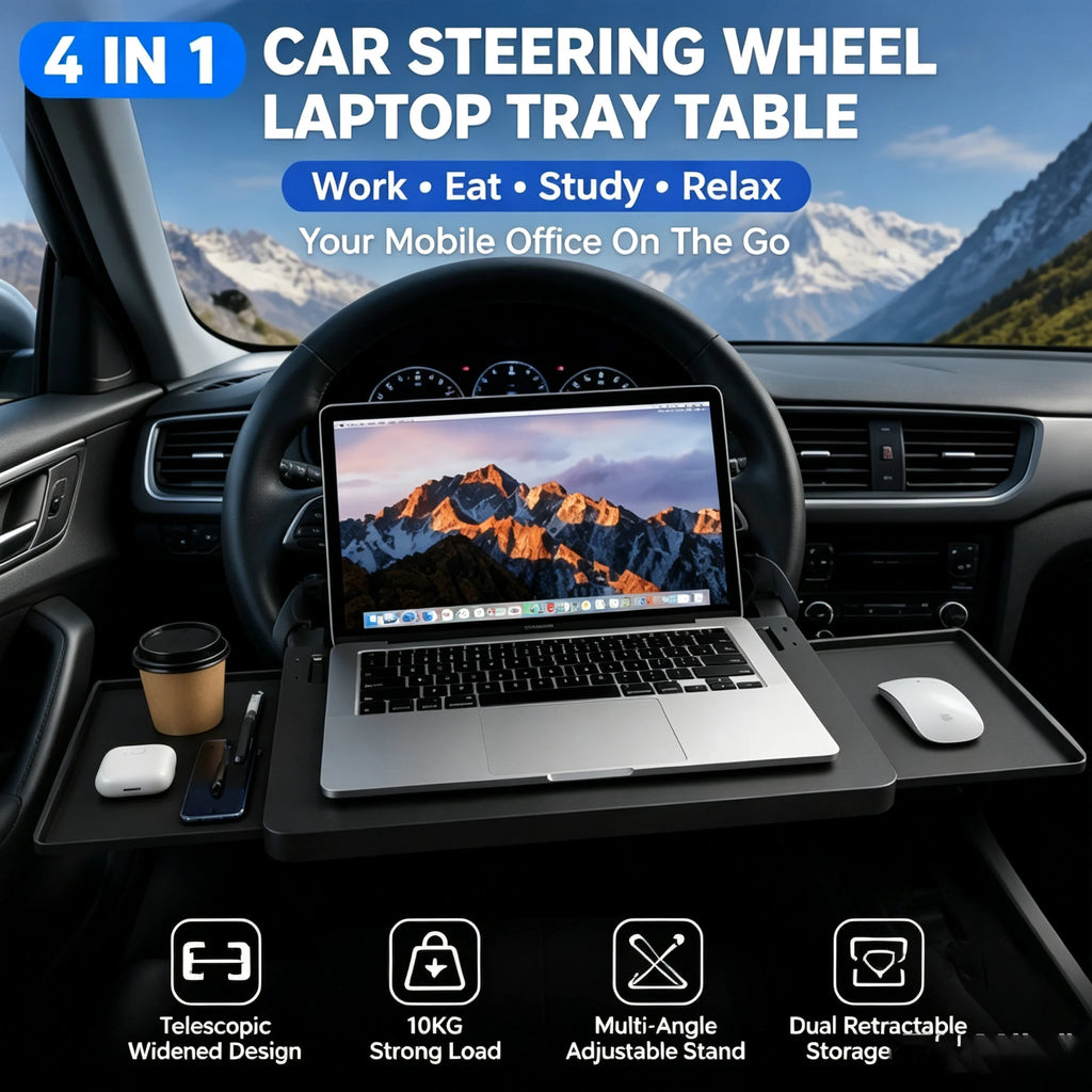 4 IN 1 Telescopic Extendable Car Steering Wheel Laptop Tray Table Load Desk with Dual Retractable Side for Laptop Eating