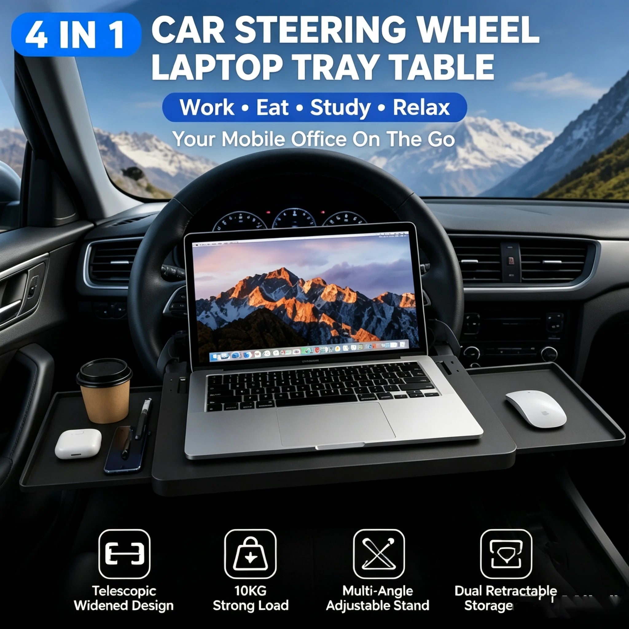 4 IN 1 Telescopic Extendable Car Steering Wheel Laptop Tray Table Load Desk with Dual Retractable Side for Laptop Eating