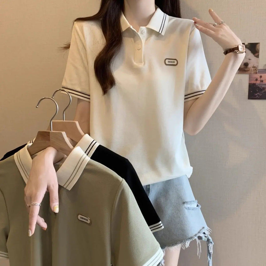 Summer Plus Size Women's New Arrival Color-Block College Style Loose Slimming Hiding Flesh Collar Short Sleeve T-Shirt