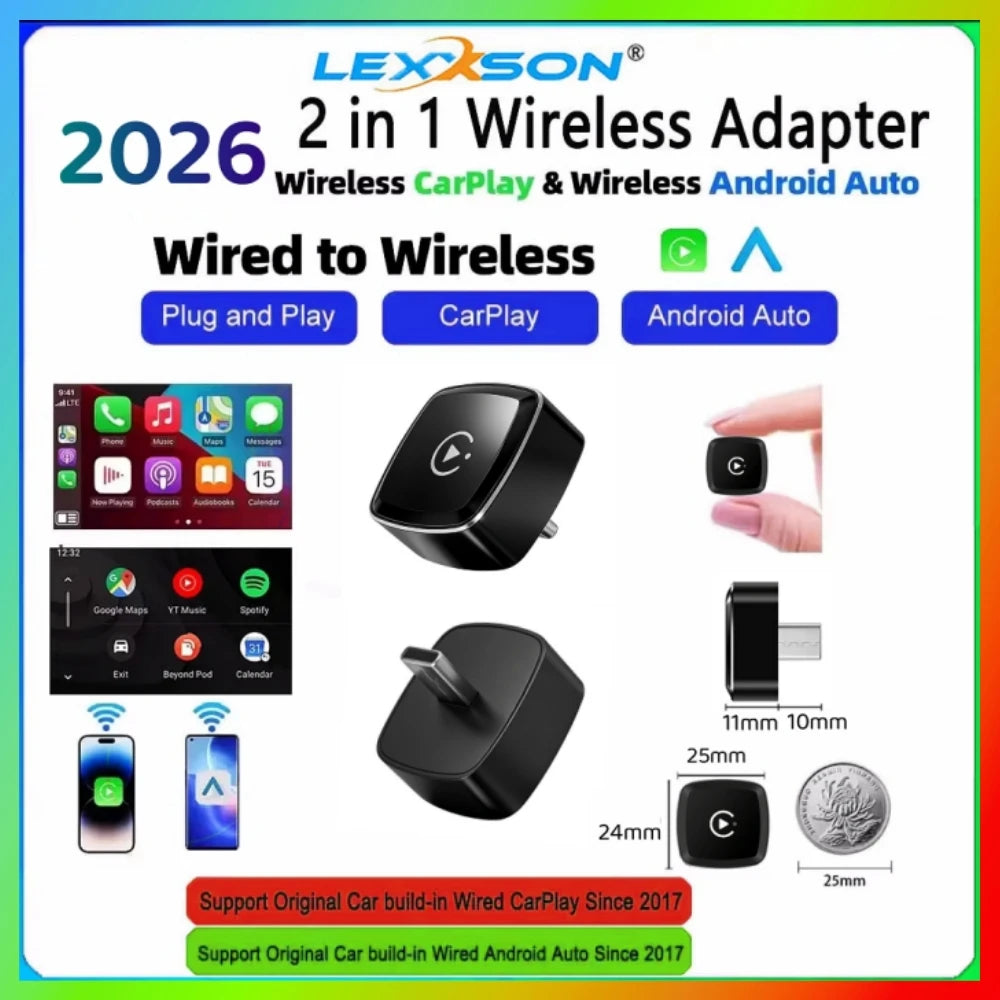 LEXXSON 2026 Ultra Mini Wireless CarPlay Adapter Wireless Android Auto AI Smart Box Intelligent Systems for Wired CarPlay Car