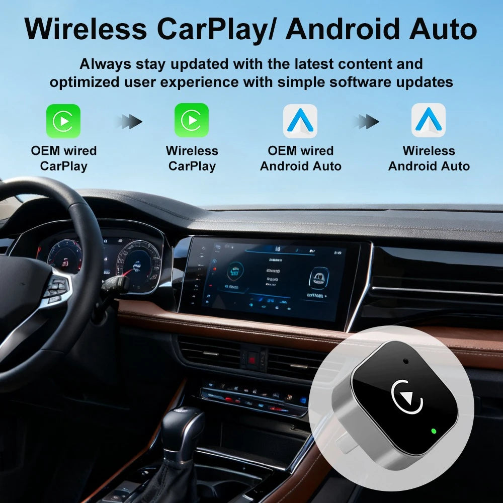 2-in-1 Wireless CarPlay&Android Auto Adapter - Plug and Play CarPlay Converter, fast automatic connection, zero latency, support