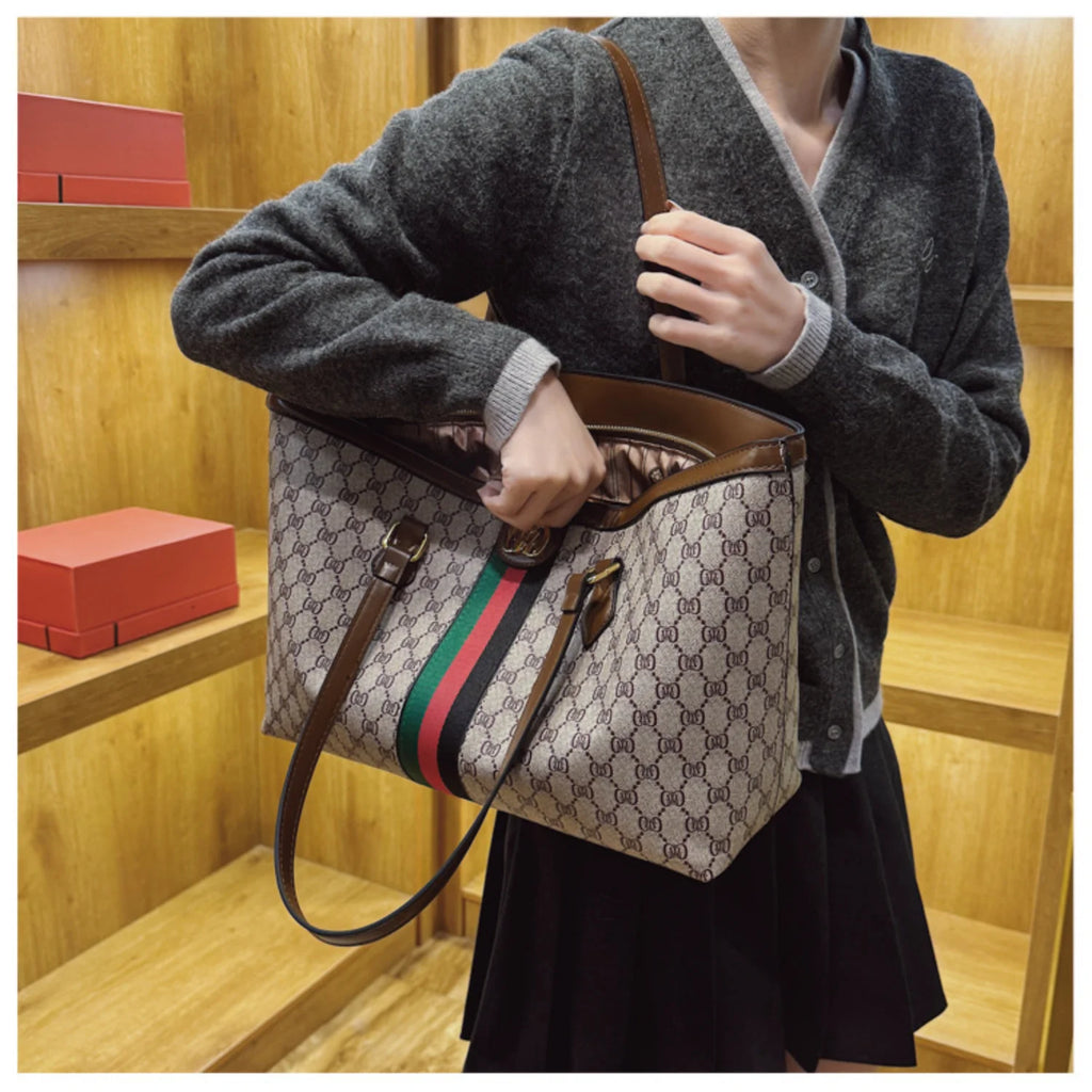 New Women's Luxury Coffee Floral Handbag with Red Green Striped Design Soft Leather Large Capacity Underarm Bag Fashionable