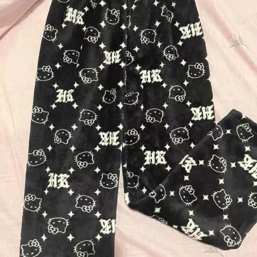 New Autumn Winter Flannel Popular Hello Kitty Pajama Pants Thickened Velvet Warm Casual Cartoon Home Pants Casual Comfortable