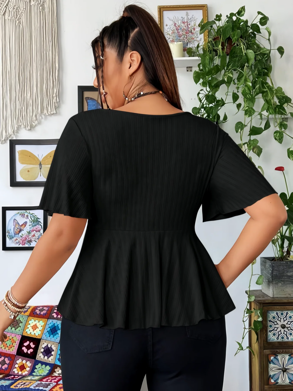 Plus Size Ribbed Knit Tops Deep V Neck Flutter Sleeve Peplum Blouse Curved Hem Casual Tops