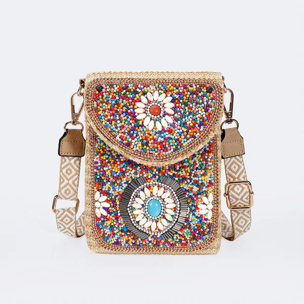 Advanced straw woven crossbody bag, new fashionable rice bead bag, European and American woven women's shoulder phone bag