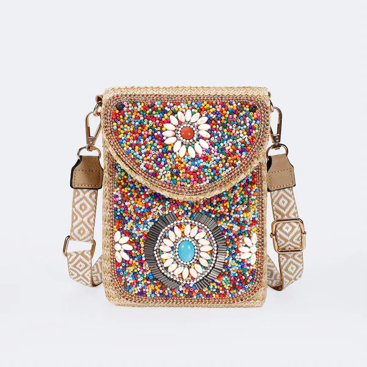 Advanced straw woven crossbody bag, new fashionable rice bead bag, European and American woven women's shoulder phone bag