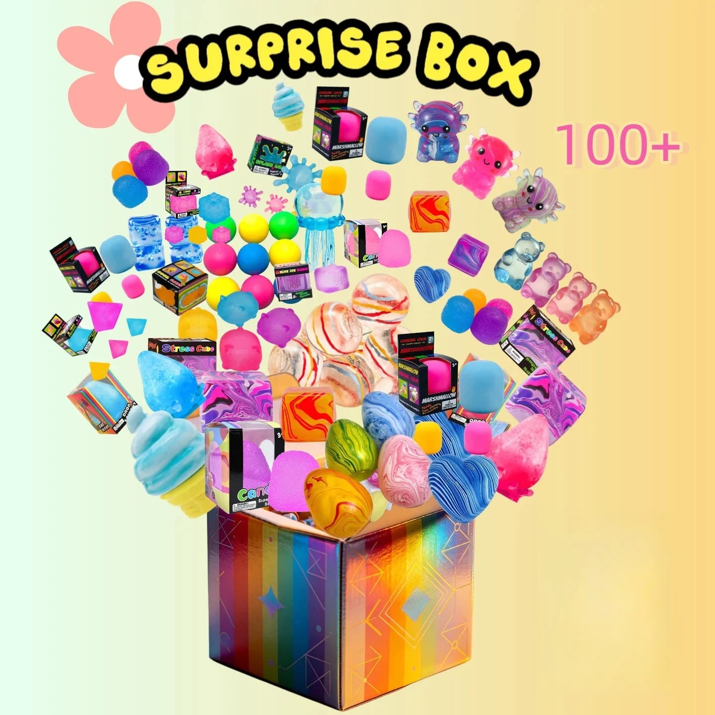 100+ Pieces Assorted Squishy Figures Blind Box Surprise Toy Slow Rising Soft Fidget Toys Featuring Moai Head Panda Rabbit Stress