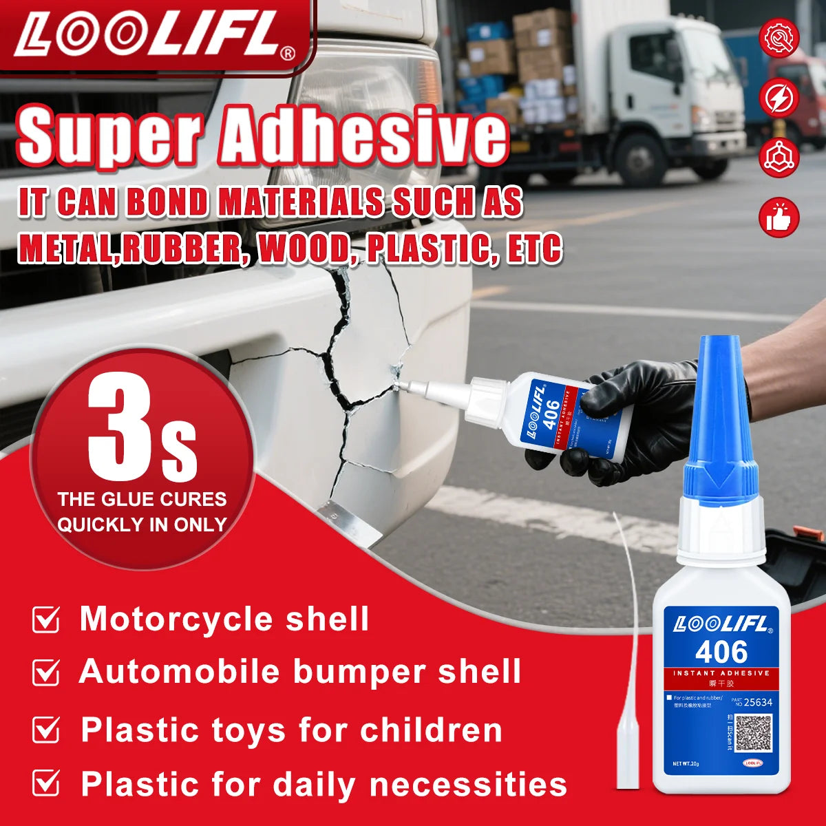 Super strong 406 car glue, 3 seconds curing, waterproof, easy to operate, suitable for car parts repair and interior repair.