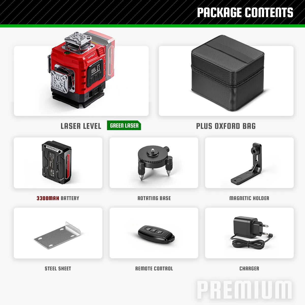 YEVOLT 16‑Line Green Laser Level 4×360° Planes Gravity Self‑Adjust Slope Function Type‑C Power Build & Tile