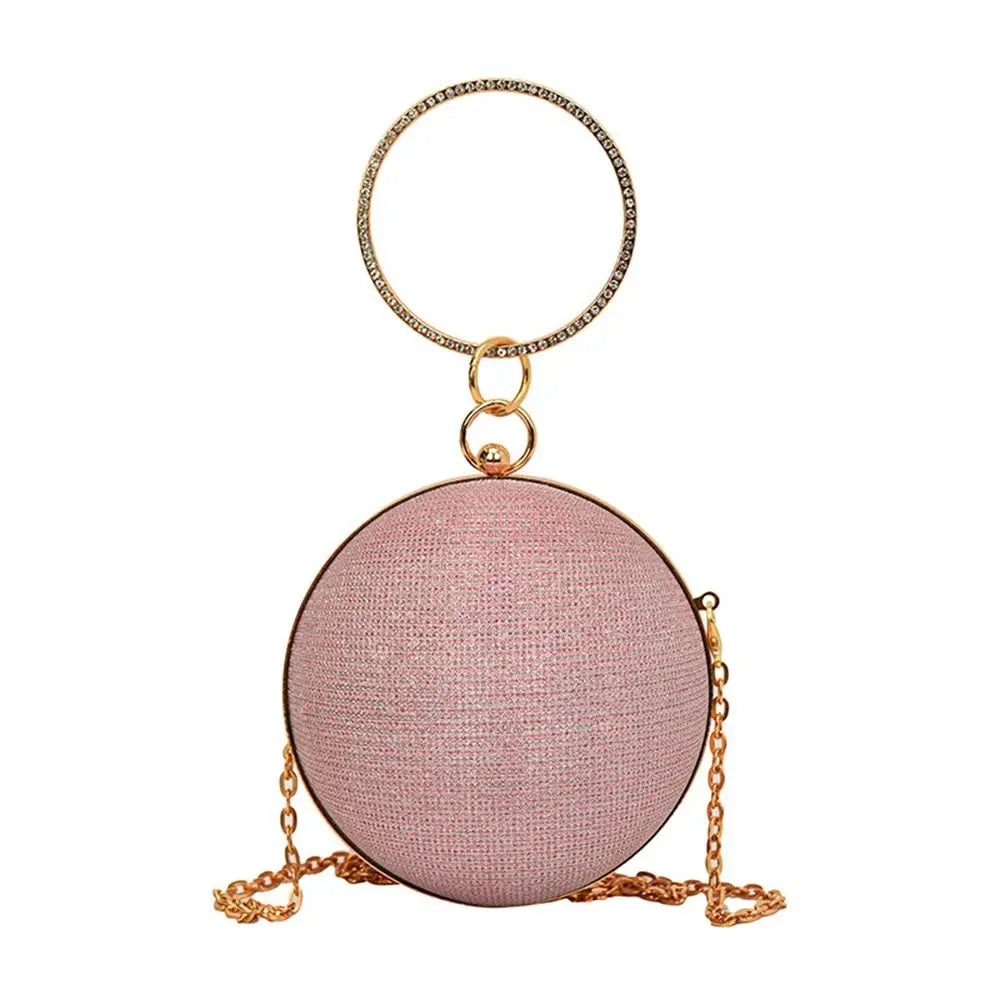 Luxury Circular Evening Bag Gold Bright Silk Rhinestone Decorative Chain Banquet Clutch Handbags Women Female