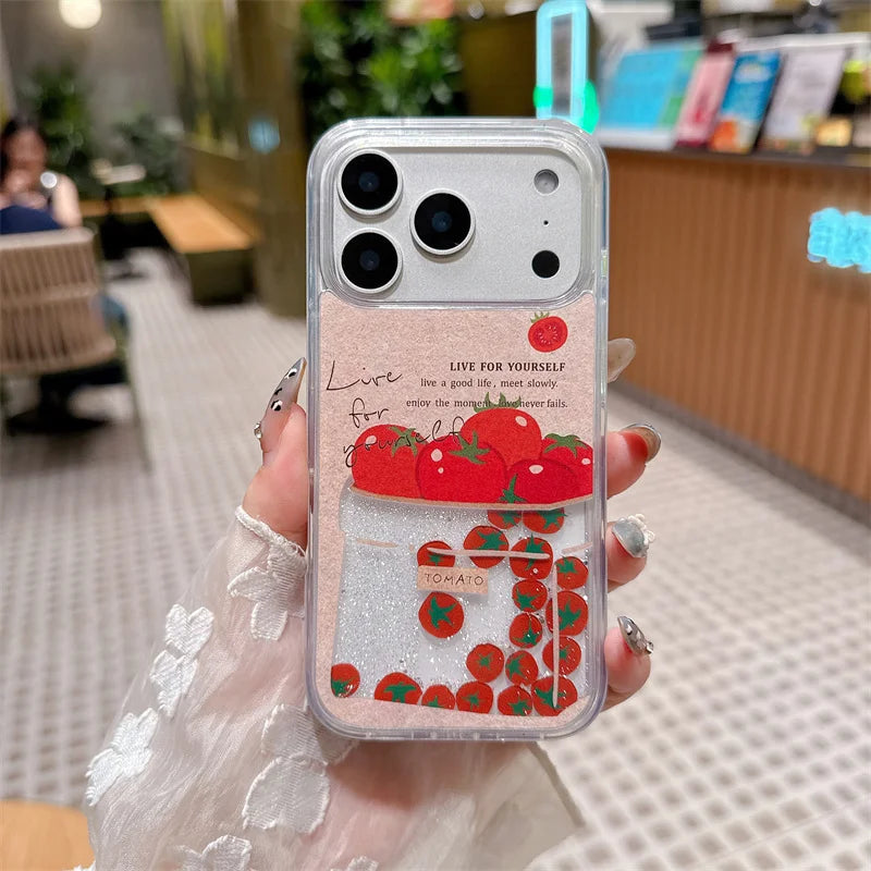 Floating Tomato Quicksand Case for iPhone 15 16 17 Pro Max Phone Cases Liquid in Shell Back Cover Glitter Moving Sand Funda Girl