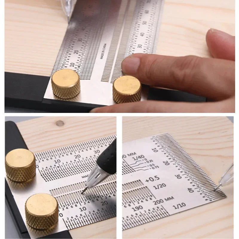 Stainless Woodworking Scribing Mark Line Gauge Carpenter Measuring Tool High-Precision Scale Ruler T-Type Hole Ruler