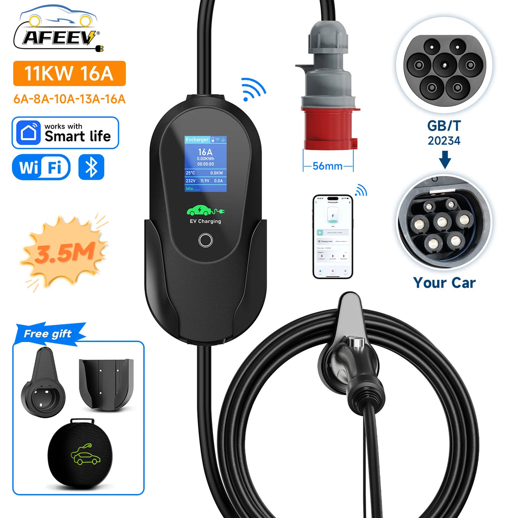 AFEEV 11KW 16A 3Phase Portable EV Charger Type2 IEC62196-2 Fast Charging Cable GB/T 20234 Wallbox EVSE CEE Plug WiFi APP Control