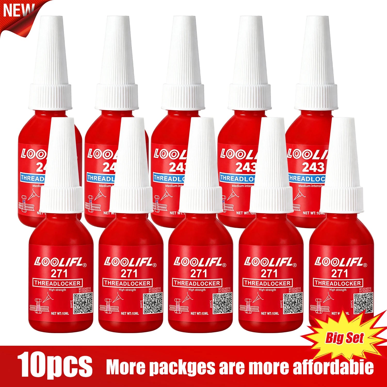 Large Package - Outdoor Portable Glue, Medium-Strength Anaerobic Removable Blue Glue, Oil-Resistant, Vibration-Resistant + High-Strength Red Permanent Screw-Locking Glue Combo, 10ml Capacity, Removable